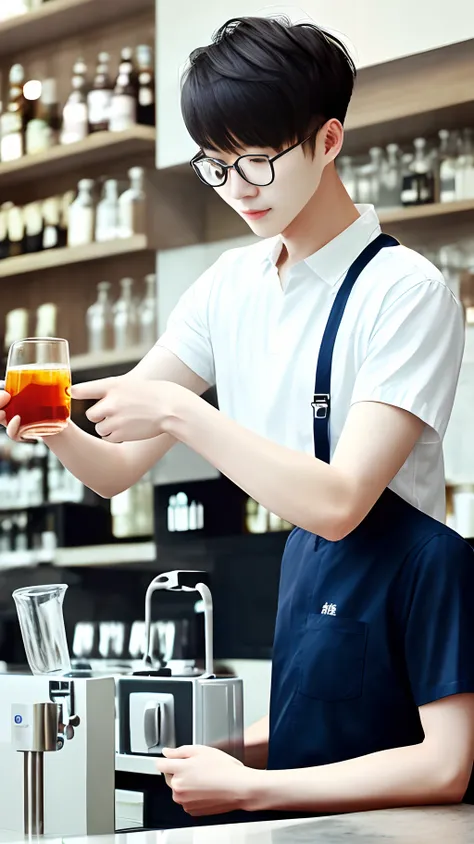 On a sunny morning，A clean and handsome literary boy wearing white short sleeves，Medium and short hair，wears glasses，Light hair brews tea behind the bar counter of a modern tea house。