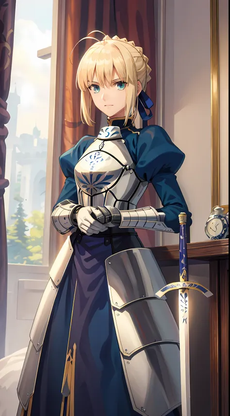 (masterpiece:1.4), (best quality:1.4), realistic, 1girl, artoria pendragon (fate), armor, (excalibur (fate/stay night), sword, holding sword:1.1)