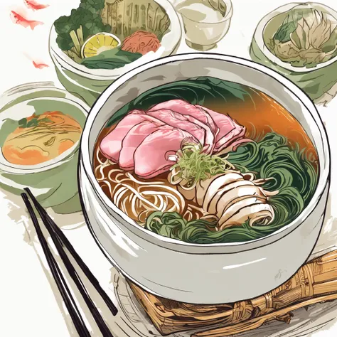 ((best quality)), ((masterpiece)), ((realistic)), The artwork showcases a mouthwatering bowl of ramen, expertly crafted and beautifully presented. The bowl contains Chinese noodles, accompanied by a flavorful broth made from pork, fish, or chicken bones. T...