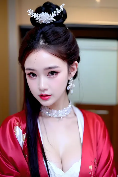 1 Realistic beautiful girl, Waist length hair, Black eyes, Ancient Oday, Style Hanfu, Wearing an ancient Chinese silk shirt, Pink and smooth white skin, Dressed in a low-key antique Oday, appears shoulders and head in the photo,Cute little face, Eye bags u...