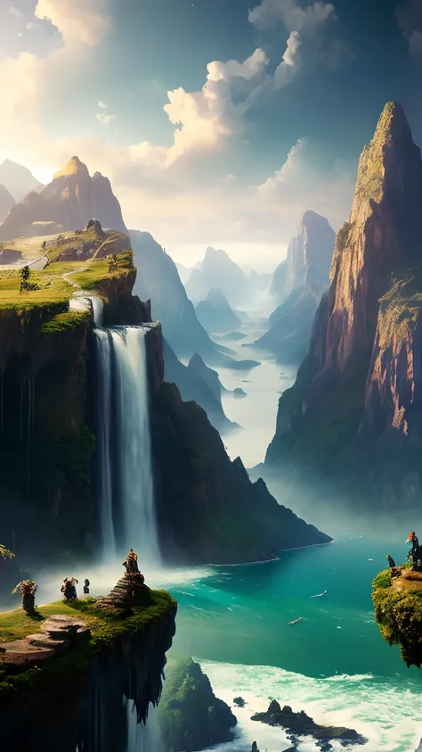 Masterpiece, best quality, high quality, extremely detailed CG unity 8k wallpaper, landscape, outdoor, sky, cloud, sky, no humans, mountain, landscape, water, tree, blue sky, waterfall, cliff, nature, lake, river , cloudy skies, award winning photography, ...