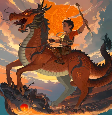 Drawing of a boy riding a dragon with a spear in her hand, In the water at the evening orange sun., Dragon Rider, Dragon Ride, android jones and rhads, Jesus rides a dragon, Fat Dragon vs. Rider, Epic full color illustration, Childrens Art in Artstation, e...