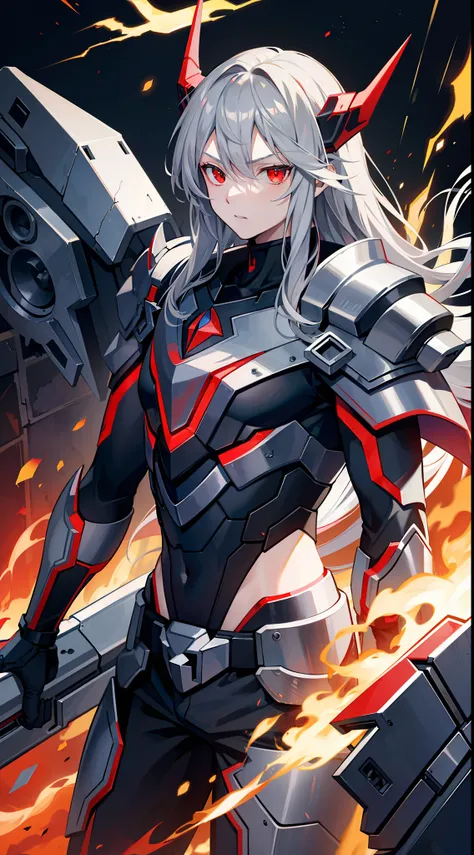 young boy, long gray hair, red eyes, The Iron Mantle of Cybertron, open torso, Iron horns, Masterpiece, hiquality