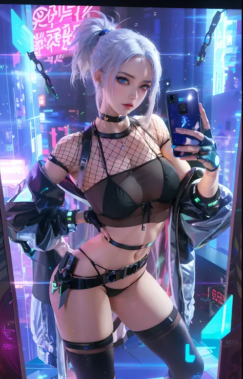 anime girl in lingerie holding a cell phone in a neon room, oppai cyberpunk, female cyberpunk anime girl, cyberpunk anime girl, digital cyberpunk anime art, digital cyberpunk - anime art, cyberpunk 2 0 y. o model girl, perfect android girl, cyberpunk angry...