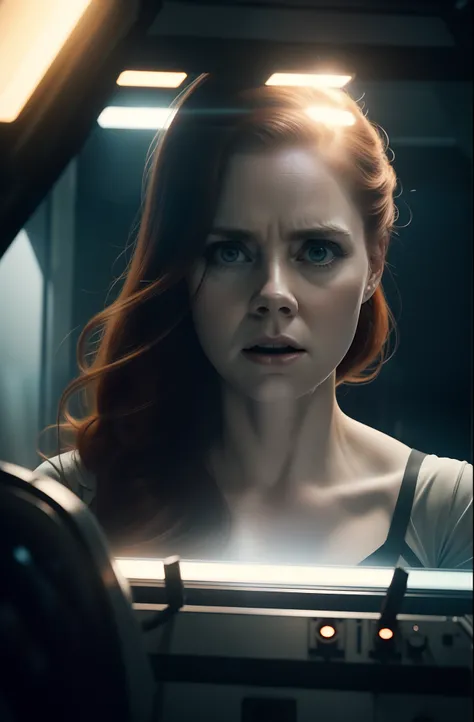 Hot terrified Amy Adams as a Scientist on Ishimura Horror Space Ship photography, natural light, photorealism, cinematic rendering, ray tracing, the highest quality, the highest detail, Cinematic, Third-Person View, Blur Effect, Long Exposure, 8K, Ultra-HD...