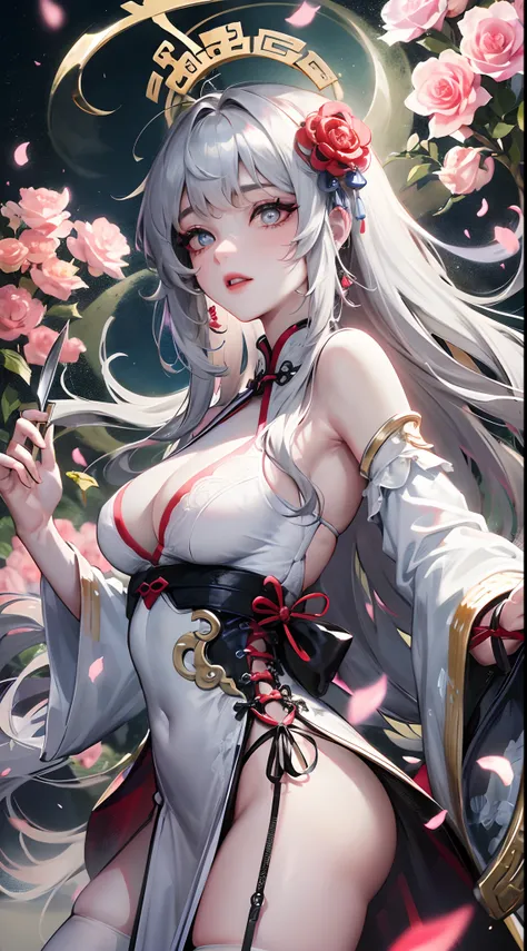 8K, Masterpiece, Best quality, Night, full moon, 1 girl, Chinese style, Chinese architecture, Mature woman, sister, Silver white long haired woman, Long hair, Light pink lips, calm, logical, bangs, Gray pupils, assassins, Fan, Knife fan, petal dancing, Del...