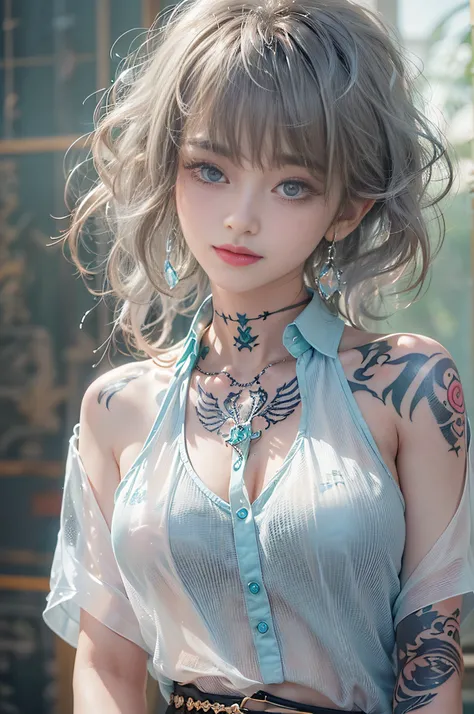 (Gorgeous atmosphere based on white)、​masterpiece、独奏、A highly detailed、Ultra-detailed、超A high resolution、Photorealsitic、Crystal clear white skin、((Blouse made of transparent light fabric、pale blue shirt with wide open chest、 Nipples and areola are see-thro...