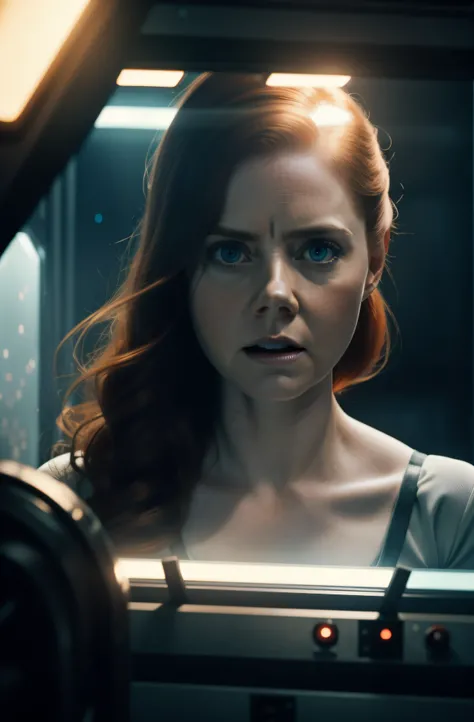 Hot terrified Amy Adams as a Scientist on Ishimura Horror Space Ship photography, natural light, photorealism, cinematic rendering, ray tracing, the highest quality, the highest detail, Cinematic, Third-Person View, Blur Effect, Long Exposure, 8K, Ultra-HD...