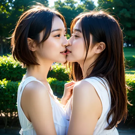 Two Asian women are kissing in the park, portrait of two girls kissing, Lesbian kiss, Kissing each other, kissing together cutely, kiss together, two beautiful women in love, lovely kiss, lesbian embrace, Kissing, kiss mouth to mouth, lesbian, Two girls, l...