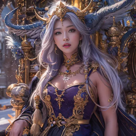 32k,（tmasterpiece，k hd，hyper HD，16k）short detailed hair，Vintage train sleeper area，Snow Circle Witch ，Two Golden Dragon Protectors （realisticlying：1.4），Python robe，Purple apron，Snowflakes fluttering，The background is pure， A high resolution， the detail， RA...