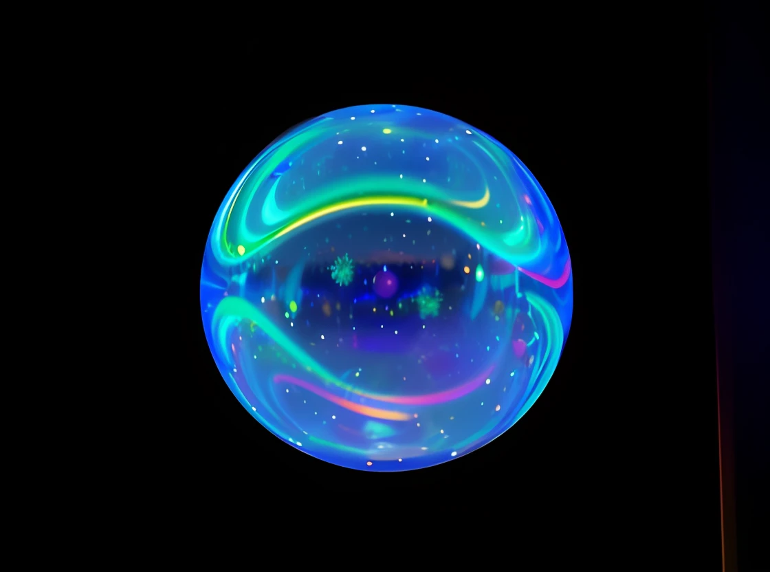 Close-up of blue and green objects with black background, holographic krypton ion, blue circular hologram, Plasma Globe, Soap Bubbles, volumetric lighting iridescence, Refractive caustics, 3 d fluid simulation render, whirling plasma, houdini fluid simulat...