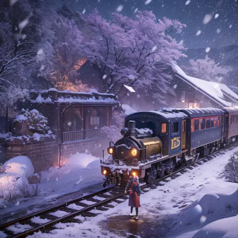 16k（tmasterpiece，k hd，hyper HD，16k）short detailed hair，Vintage train sleeper area，Snow Circle Woman ，Golden Dragon Protector （realisticlying：1.4），Python robe，Purple apron，Snowflakes fluttering，The background is pure， A high resolution， the detail， RAW phot...