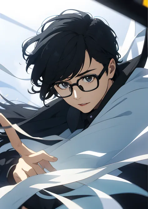 Large-rim glasses，younge boy，One meter one，The upper part of the body，Day wind，adolable，black color hair，Bangs fluttering，The entire eye reflects light