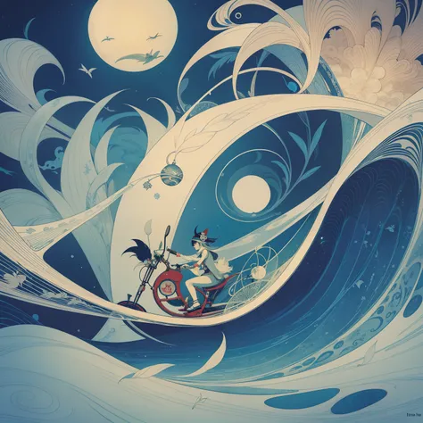 Ukiyo-e style　Frank Pape, Kay Nielsen, Milo Winter, animesque　surreal　wondrous　strange　Whimsical　absurderes　fanciful　Sci-Fi Fantasy　Curvilinear perspective　Bit geometry　Bird feathers　　Rough diamonds　Star Rainbow　bicycle