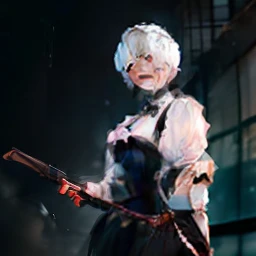 ((Black Maid Outfit、With white collar、short-hair、white  hair、1 girl in))、(hold a gun)、falda corta、garterbelts、Knitted tights、Camera a little closer、ruins、high-heels、middlebreast、