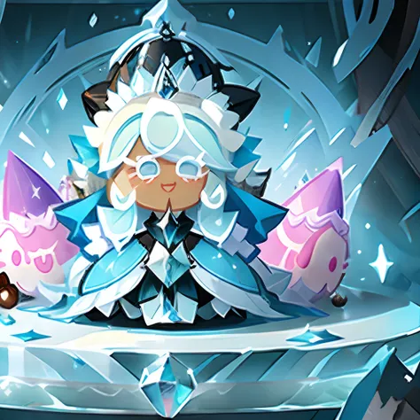 windwitch diamond bell as a cookie run character , long light blue hair , braided ponytail, ornate ballgown , witch hat , ice ae...