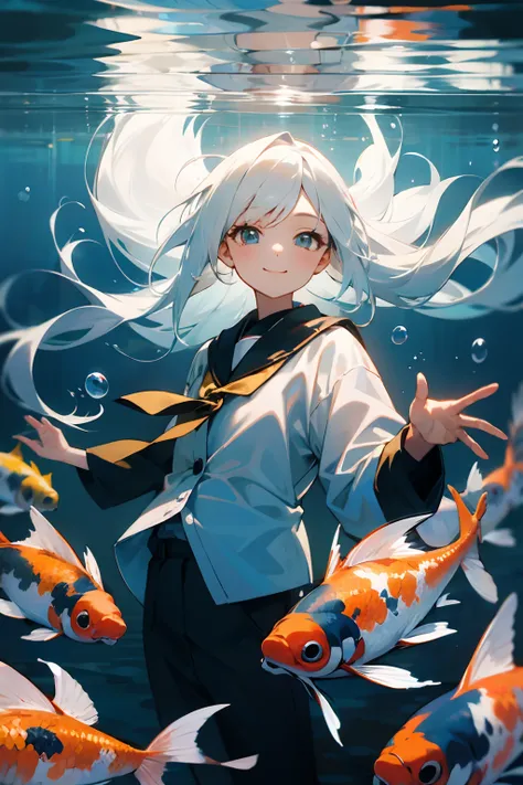 1 girl，long  white hair，Floating hair，Light smile，adolable，looking to the camera，under the water，submerge，airbubble，Koi are around，8K，high qulity，tmasterpiece