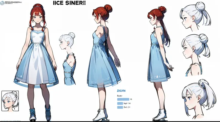 ((Best Quality)), ((Masterpiece)), ((Realistic)) 19 year old, redhead girl, armpit lenght hair, relaxed happy face ((slender)) (busty), ((( ice skater dress))) ((sexy dress))bun hairstyle, (((detailed character sheet, frontal view, side view, three quarter...