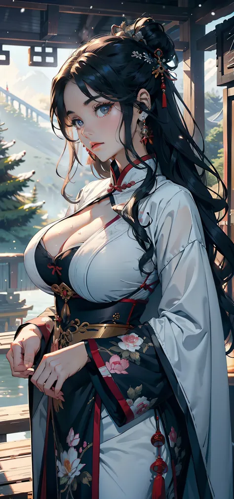 1female，25 age old，Large breasts，Pornographic exposure， 独奏，（Background with：ports，coniferous forest，at winter season，Snow on the ground） with his long black hair， 比基尼，standing on your feet，Sweat profusely，drenched all over the body，seen from the front， cur...