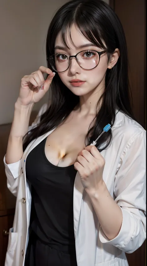 A female doctor, perfect girl , cute, syringe in hand, glasses, bust,