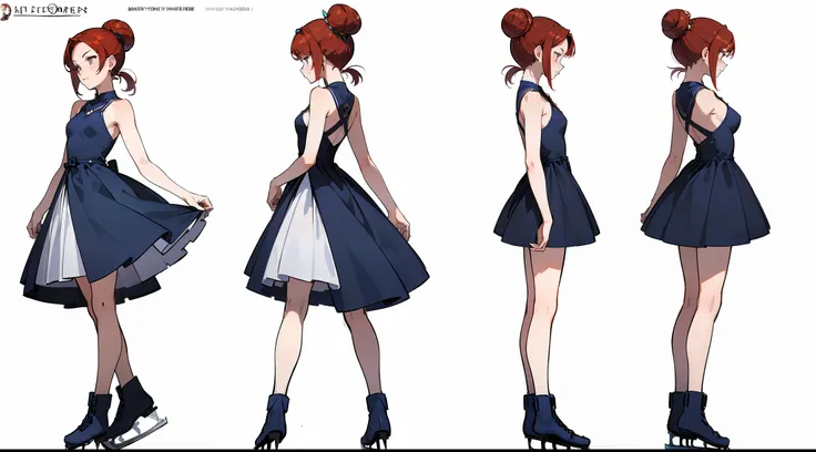 ((Best Quality)), ((Masterpiece)), ((Realistic)) 19 year old, redhead girl, armpit lenght hair, relaxed happy face ((slender)) (busty), ((( ice skater dress))) ((sexy dress))bun hairstyle, (((detailed character sheet, frontal view, side view, three quarter...