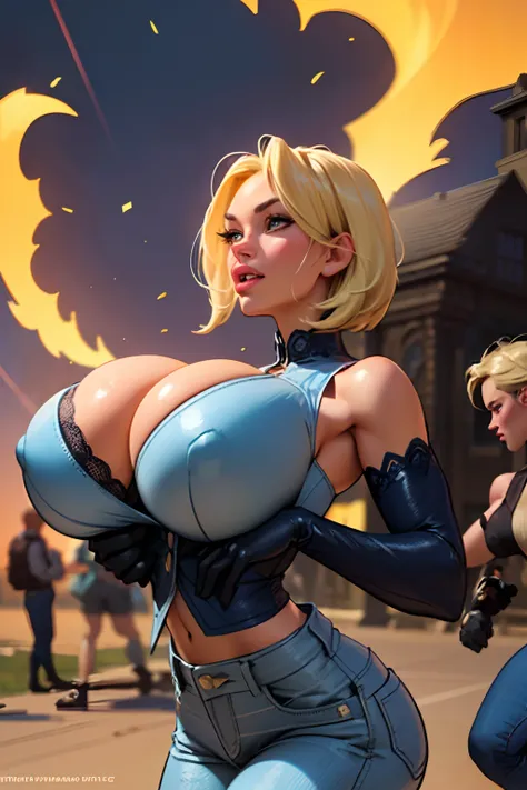 (((1 girl,  cute, (gigantic breasts:1.2), sleeveless denim jacket, white lace bra, jeans, black elbow Gloves, blond, short hair, curly hair,  side parted hair, blue eyes))), (((blond hair))), 
dynamic poses, realistic style, depicting a group of characters...