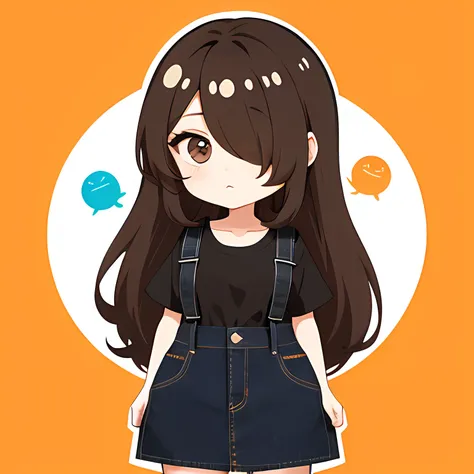 hair over one eye、one woman, 独奏, (twitch emote:1), chibi, brown hair, black eyes, , comic strip, white backgrounid, a sticker, t...