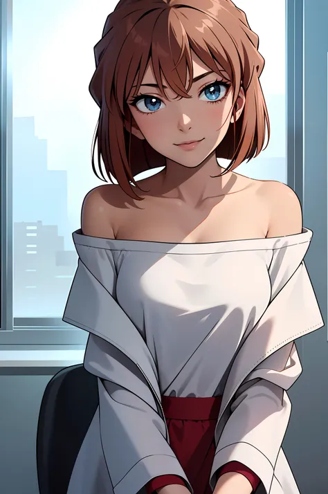 1girll,  ((tmasterpiece, best qualityer, 8K))，As you wish，Off-the-shoulder attire，ssmile，Close-up，looks into camera，Be red in the face，inside in room，Beautiful detailed eyes，Detailed background，Red Lingeri，office room，office desk，White coat，Greenery