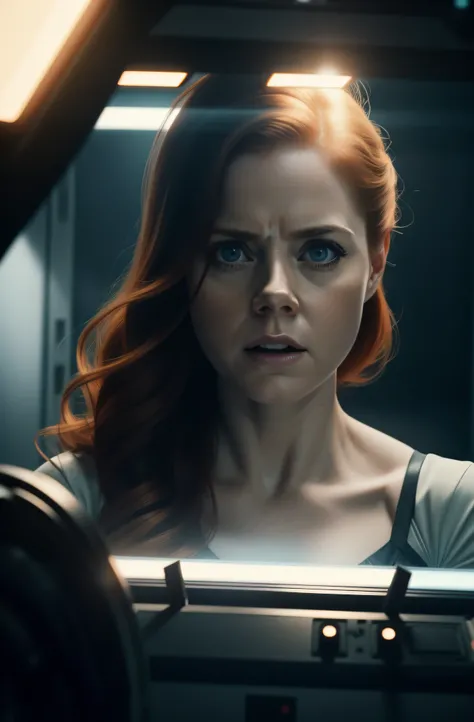 Hot terrified Amy Adams as a Scientist on Ishimura Horror Space Ship photography, natural light, photorealism, cinematic rendering, ray tracing, the highest quality, the highest detail, Cinematic, Third-Person View, Blur Effect, Long Exposure, 8K, Ultra-HD...