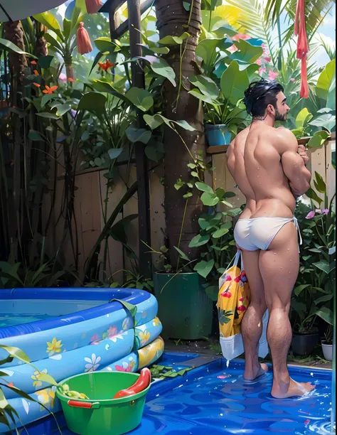 there is a man standing beside a pool showing his back, he is turning to the garden and showing his back to the viewer, wearing nothing, wearing tight Gstring squeezing his butts, mega muscles, wet shiny oiled skin, flawless white skin, big super mega roun...