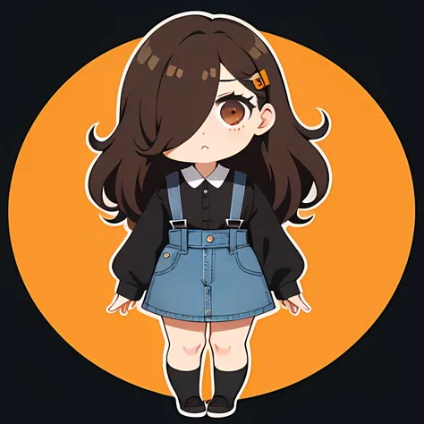 hair over one eye、one woman, 独奏, (twitch emote:1), chibi, brown hair, black eyes, , comic strip, white backgrounid, a sticker, t...