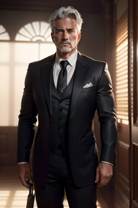 (Extreme Detail CG Unity 8K Wallpapers，tmasterpiece，Highest image quality)，(Delicate light and shadow，The picture is highly dramatic，Cinematic lens effect)，A middle-aged man，Fit and fit，The appearance is decadent，)，(Exceptional detail，The lighting effect i...