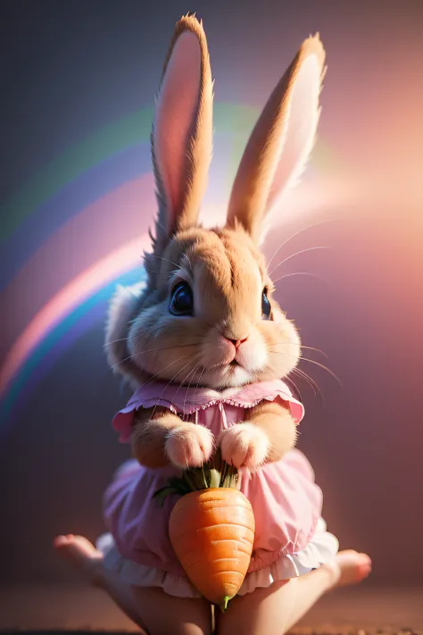 A little rabbit，Wearing a pink dress，Holding a carrot，Cartoon pictures，Rainbow in background，Perfect lighting，super high precision，hyper qualit，Super clear，Super high detail，Super noise reduction，OC renderer，Pink chalet