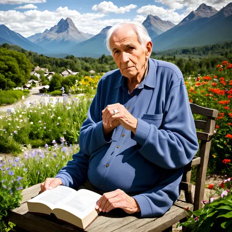 Elderly man, Contemplation, Village, Wisdom, Experience, Cottage, Garden, Nature, Respect, Wrinkles, Eyes, White hair, Book, Advice, Core problems, Guidance, Mountains, History, Future, Learning, Exploration, Journey, Inspiration, Tranquility