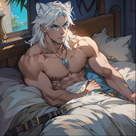 athletic Male with light beard, has flowing white hair, has wolf ears, has wolf tail, shirtless, playful, solo, alone, has bright blue eyes, , relaxing on a bed, wearing leather collar, is alone, by himself, no dog