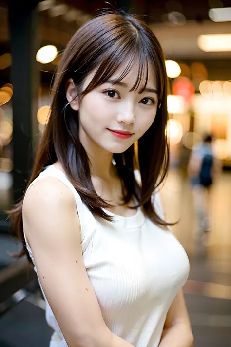 Ultra high image quality, natural brightness, young beautiful girl in Japan, beautiful girl, smile, camera gaze, upper body, straight long hair, hair blown in the wind, shopping mall, neat clothes, big breasts, beautiful skin quality,