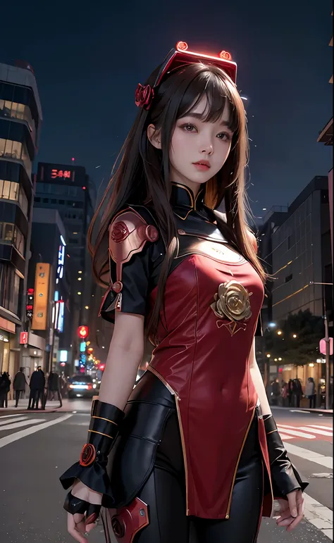 Beautiful AI robot girl、on tokyo street、natta、A city scape、city light、The upper part of the body、a closeup、8K、Raw photography、top-quality、​masterpiece、realisitic、Realistic、Red rose headgear、Parted bangs、long、