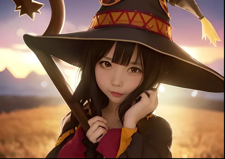 Anime girl in witch hat with pointed fingers, Megumin, megumin from konosuba, half invoker half megumin, black - haired mage, Konosuba, flirty anime witch casting magic, konosuba anime style, Rin, Witch Girl, witch academia, a young female wizard, anime mo...