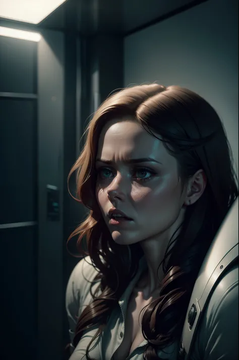 Hot terrified Amy Adams as a Scientist Hiding from deformed twisted scary slayer on Ishimura Horror Space Ship photography, natural light, photorealism, cinematic rendering, ray tracing, the highest quality, the highest detail, Cinematic, Third-Person View...