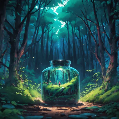 (An intricate forest minitown landscape trapped in a bottle), atmospheric oliva lighting, on the table, 4k UHD, dark vibes, hyper detailed, vibrant colours forest background, epic composition, octane render, sharp focus, high resolution isometric