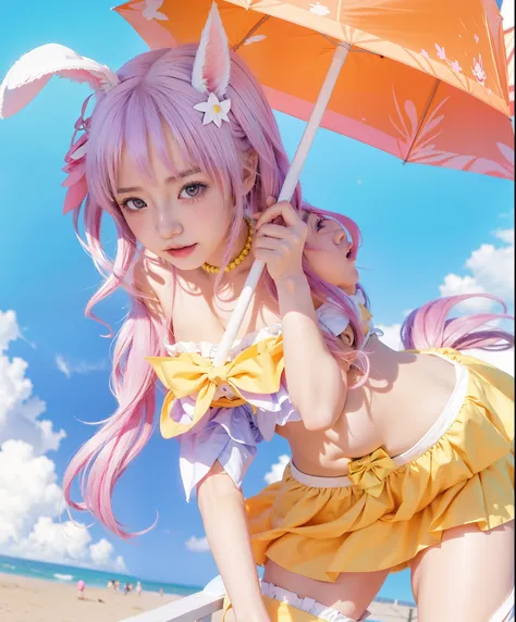 anime girl with bunny ears holding an umbrella in the sky, from the azur lane videogame, bunny girl, splash art anime loli, azur lane style, seraphine ahri kda, characters from azur lane, ahegao, in no game no life, cushart krenz key art feminine, artwork ...