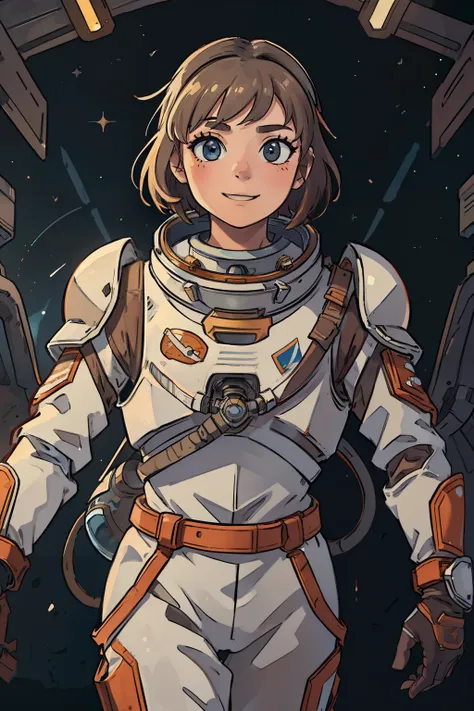 professional artwork, detailed eyes, beautiful eyes, beautiful face, flawless face, gorgeous face, smooth features, blush, short hair, beautifully detailed background, adventurous astronaut knight in armored space suit holding glowing sword made of light, ...