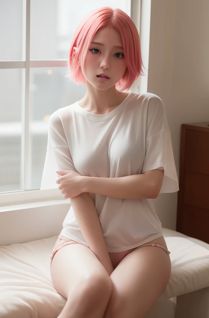 Sakura uchiha. A woman was sitting in the room. He was wearing a white shirt with no pants on. Skin so pale white. She had pink hair. He looked down at the camera with his red cheeks embarrassed. Her little lips were pink. Her breasts were copied to look s...