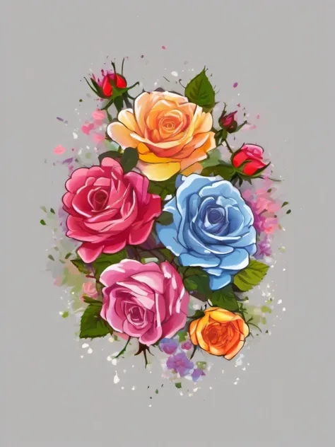 t-shirt print vector image, of several roses of different colors in harmony and color mix, with other smaller flowers around, white background image, vivid colors