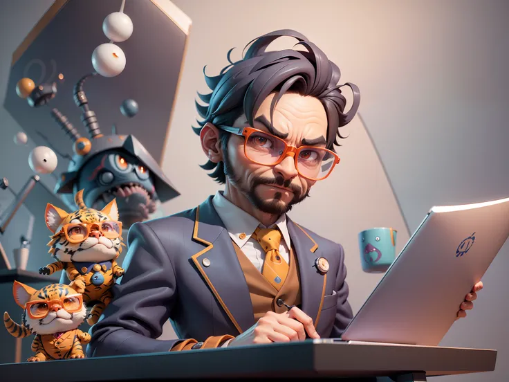 A young man in a suit, Short hair and glasses sat at his desk，holding laptop，digitial painting，tigre，3D character design by Mark Clairen and Pixar and Hayao Miyazaki and Akira Toriyama，4K HD illustration，Very detailed facial features and cartoon-style visu...