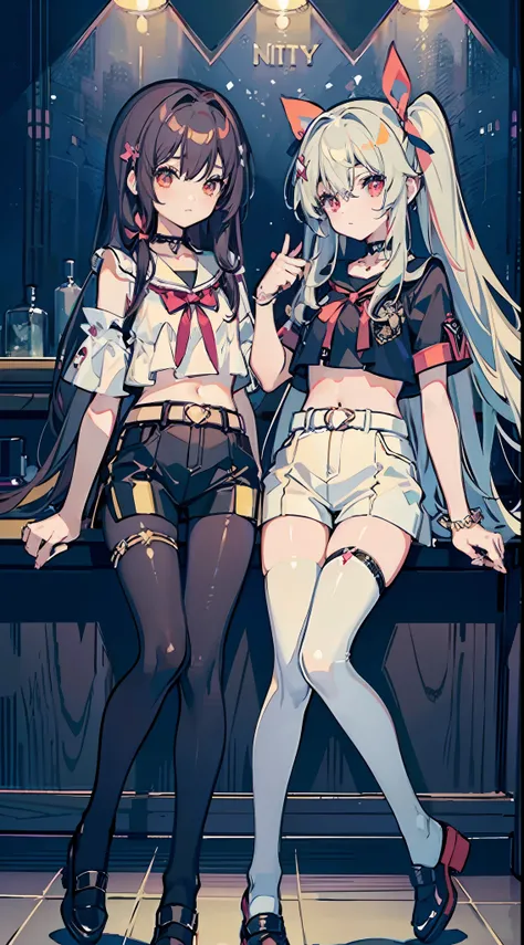 ,twins, Masterpiece,Best quality,offcial art,Extremely detailed Cg Unity 8K wallpaper, 2girls, cute female child, Yuri, hair adornments, Short shorts, Crop top, Pantyhose, ribbon_choker necklace, leg belt,