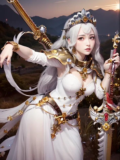 (masutepiece), Professional , ​masterpiece、top-quality、photos realistic , depth of fields （Gemstone Silver Metal Body:1.９),(Matte White、Jewel Gold Weapon、（Gorgeous castle background）、（ultimate beauty girl）、（Fairy feathers grow on her back）、（Jewel Metal Bod...