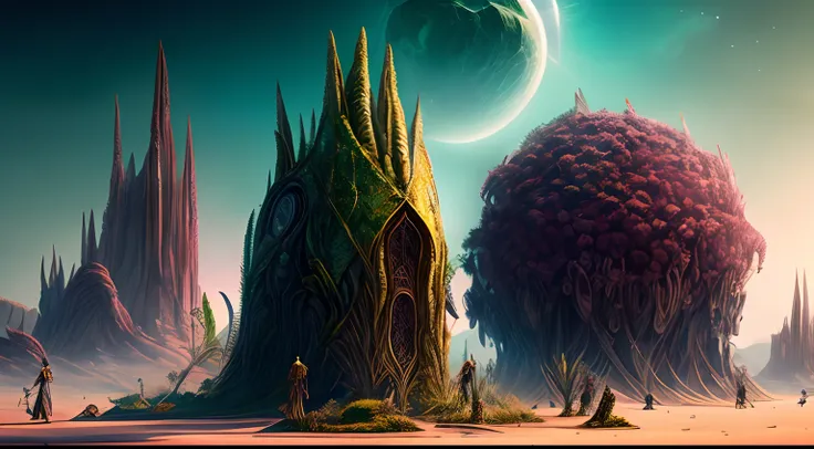 Humans in period costumes，alien worlds，Alien giant plants，alien monster，an alien landscape