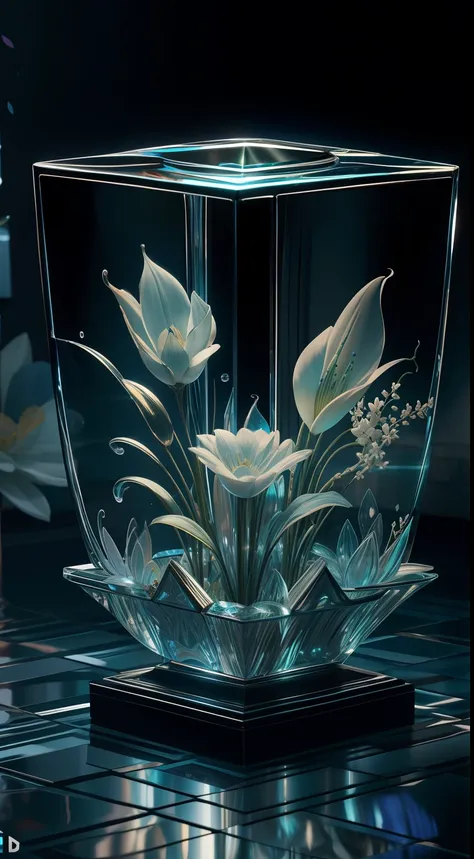 A masterpiece of glass sculpture，There are flowers inside，Eau，with light glowing，fanciful，high qulity，high detal，best qualtiy，rtx，4k，8k，