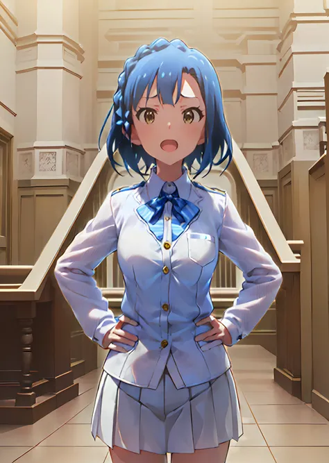 yuriko nanao (million live). Short stature. (((white t-shirts))).(((Skirt))).(((masterpiece))).(((best quality))).((Ultra-detailed))).(((illustratio))). (((put hands on the hip))).(((a room))).(((make a fist))).(((up chest))).Despair face.(((short-hair)))....